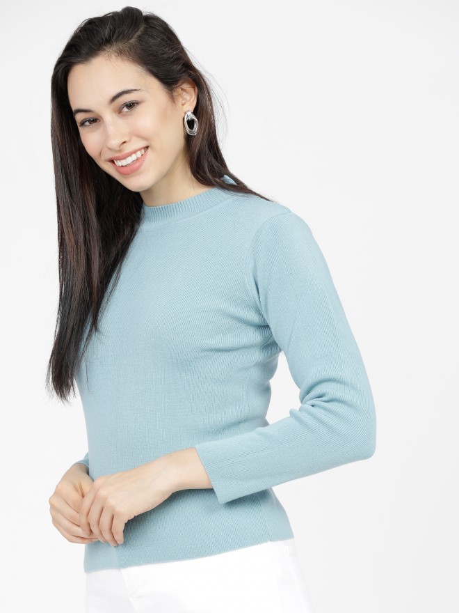 Tokyo Talkies Women Blue Round Neck Sweaters 