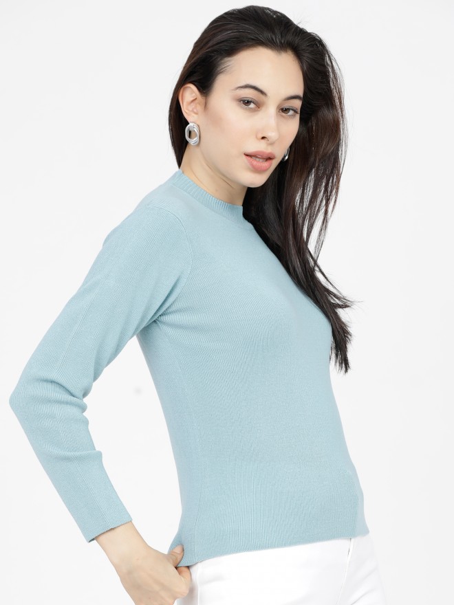 Tokyo Talkies Women Blue Round Neck Sweaters 