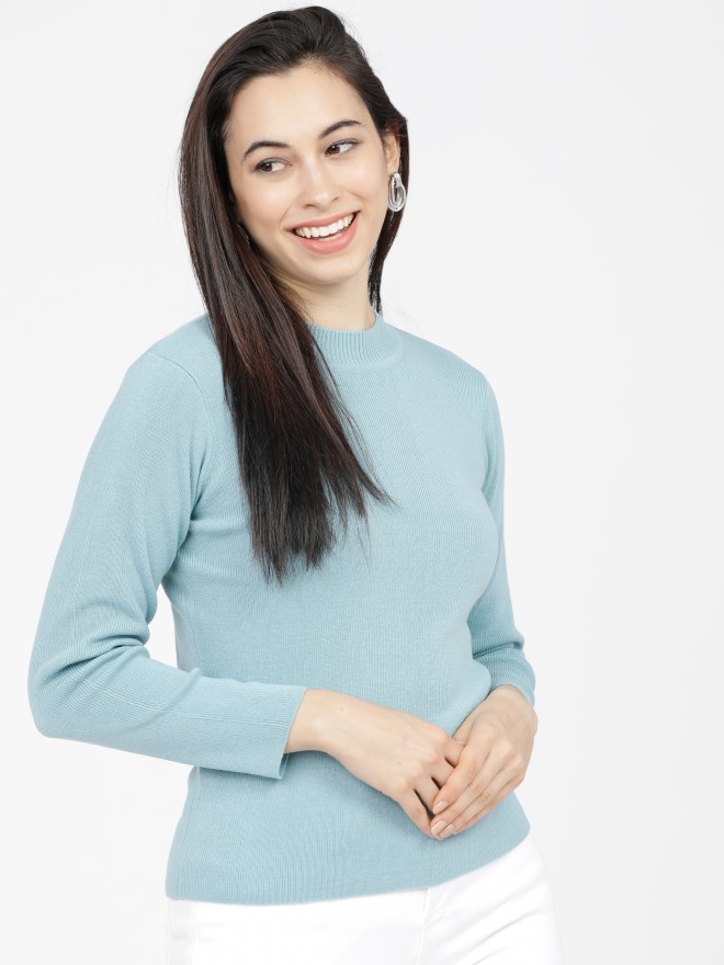 Tokyo Talkies Women Blue Round Neck Sweaters 