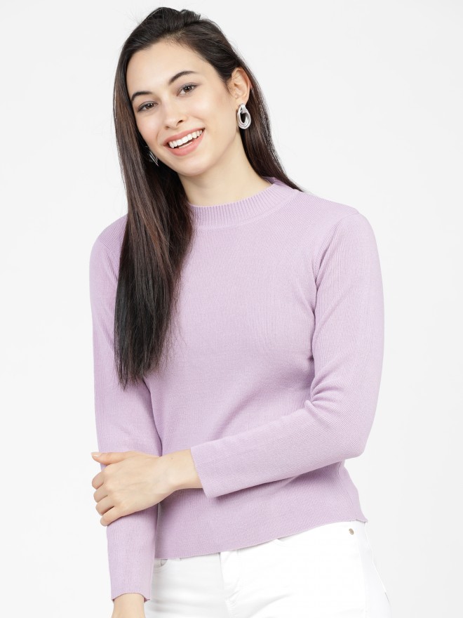 Tokyo Talkies Women Lavender Round Neck Sweaters 