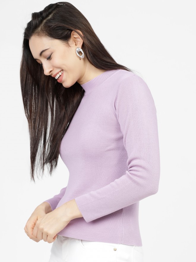 Tokyo Talkies Women Lavender Round Neck Sweaters 