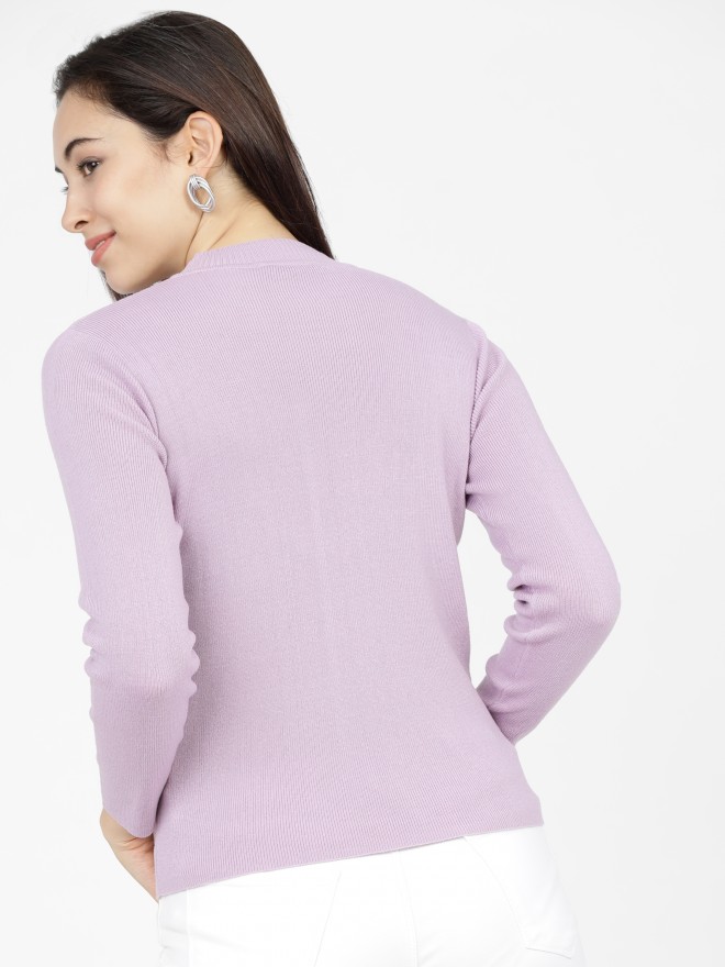 Tokyo Talkies Women Lavender Round Neck Sweaters 