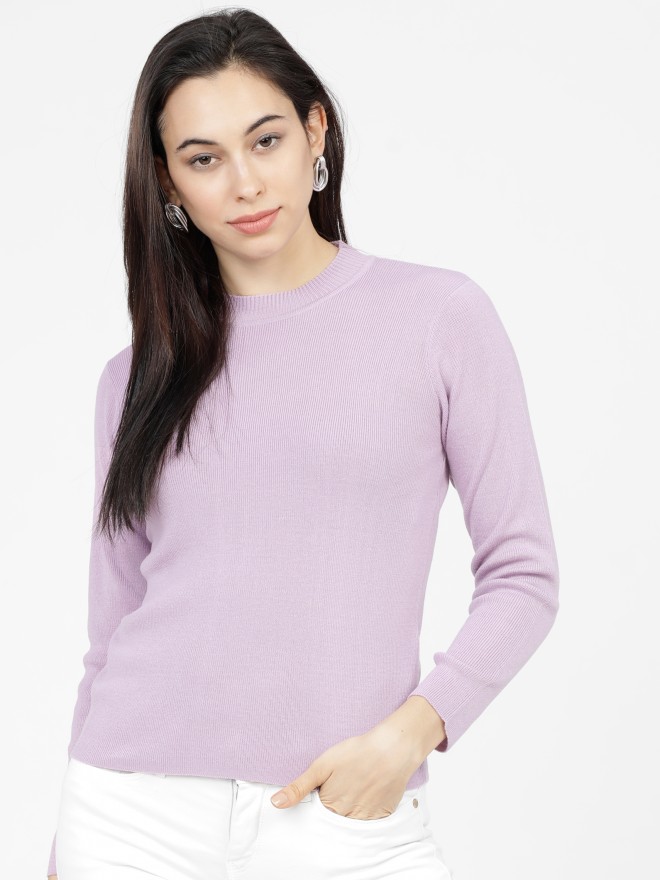 Tokyo Talkies Women Lavender Round Neck Sweaters 