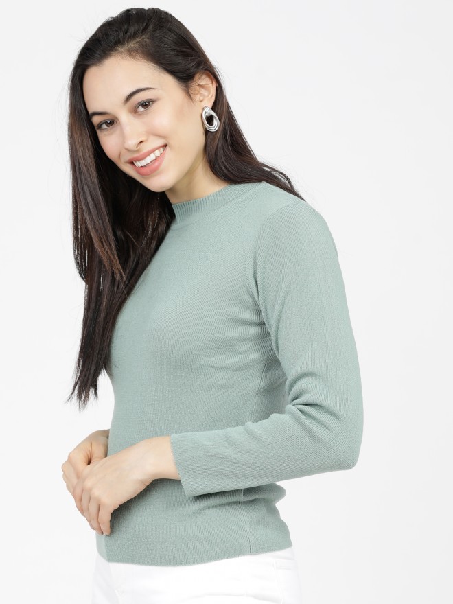 Tokyo Talkies Women Green Round Neck Sweaters 