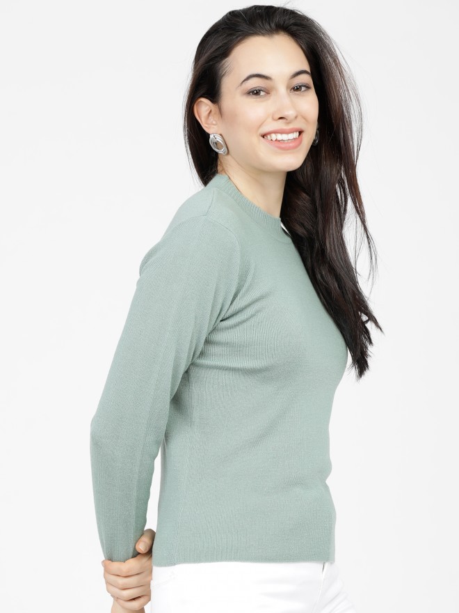 Tokyo Talkies Women Green Round Neck Sweaters 