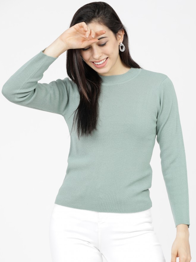 Tokyo Talkies Women Green Round Neck Sweaters 