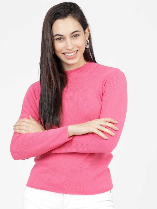 Tokyo Talkies Women Pink Round Neck Sweaters 