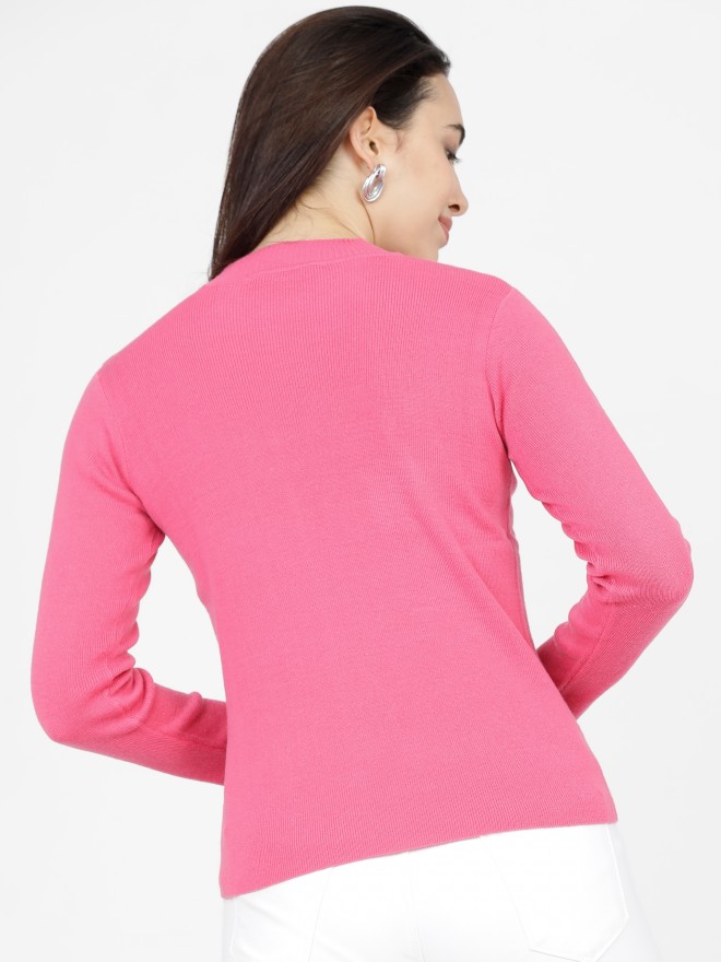 Tokyo Talkies Women Pink Round Neck Sweaters 