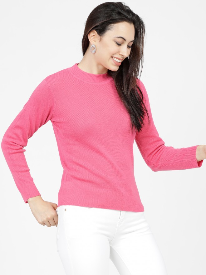 Tokyo Talkies Women Pink Round Neck Sweaters 