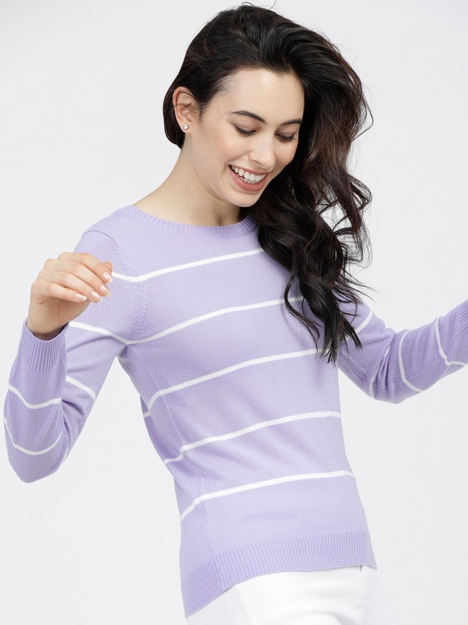 Tokyo Talkies Women Lavender Round Neck Sweaters 