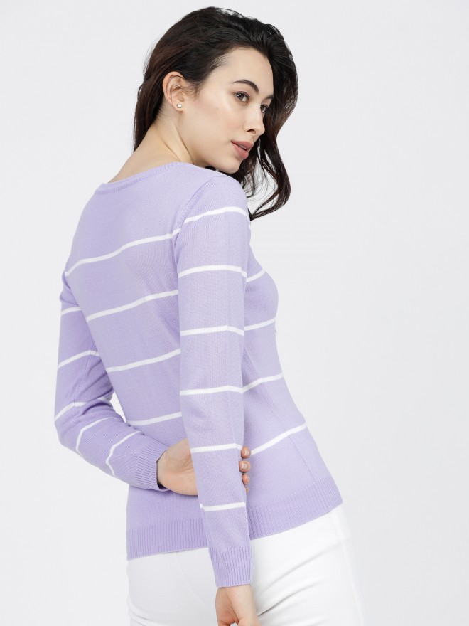 Tokyo Talkies Women Lavender Round Neck Sweaters 