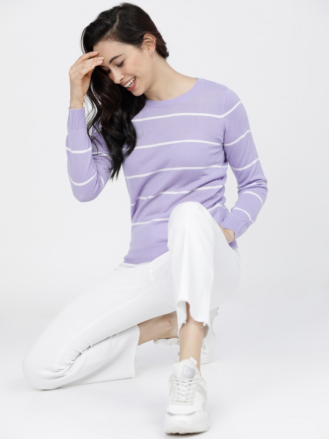 Tokyo Talkies Women Lavender Round Neck Sweaters 