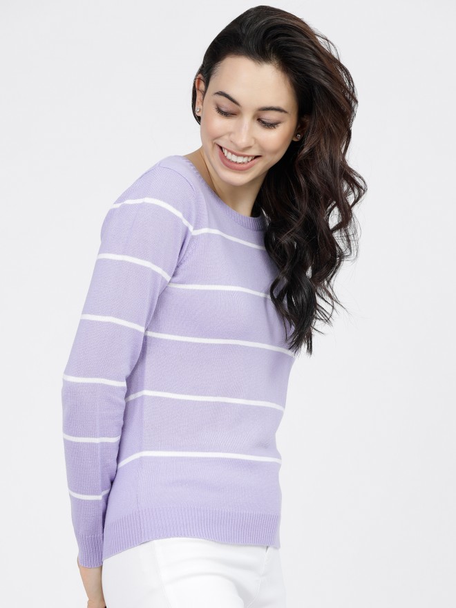 Tokyo Talkies Women Lavender Round Neck Sweaters 