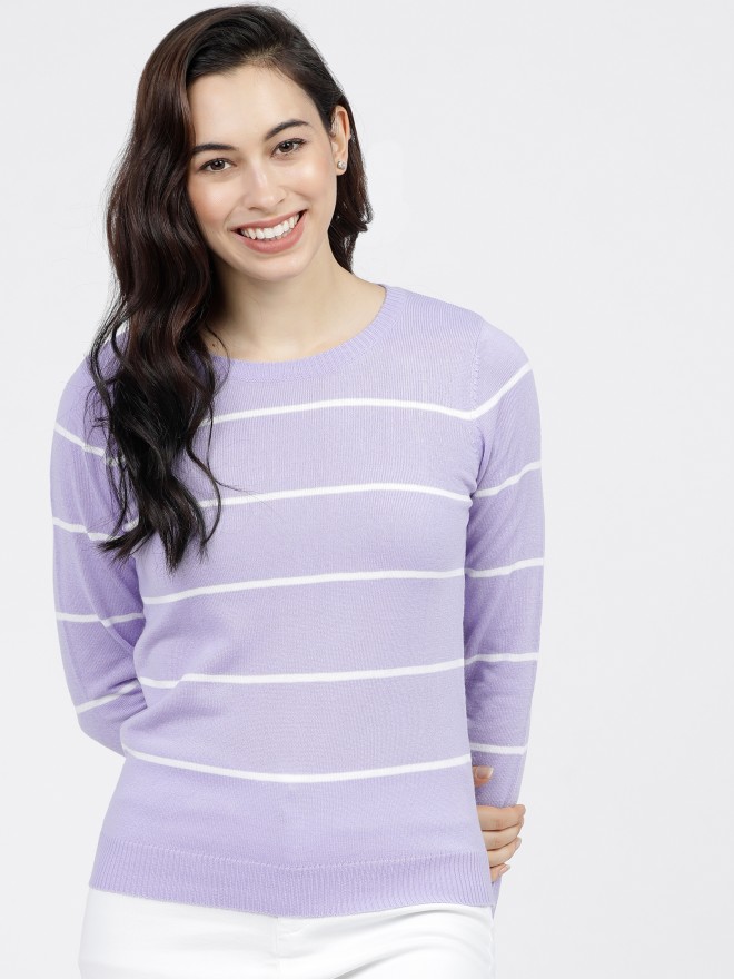 Tokyo Talkies Women Lavender Round Neck Sweaters 