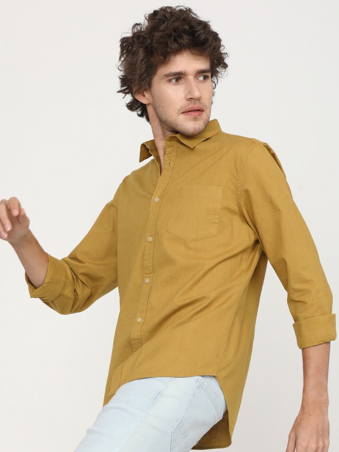 Ketch Men Mustard Solid Slim Fit Casual Shirts 