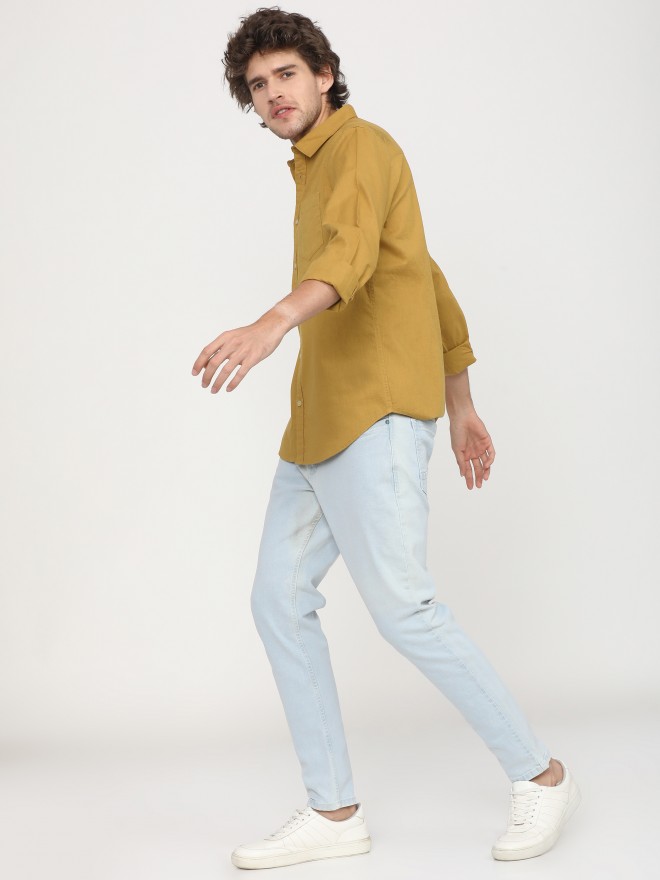 Ketch Men Mustard Solid Slim Fit Casual Shirts 