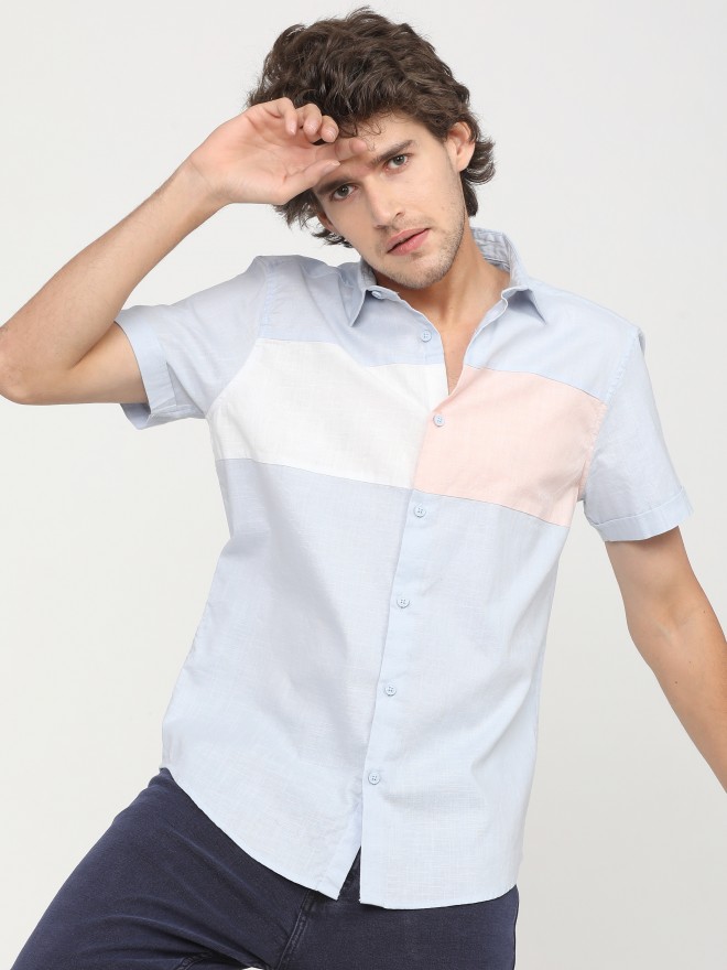 Buy Ketch Blue & White Slim Fit Colourblocked Casual Shirt for Men ...