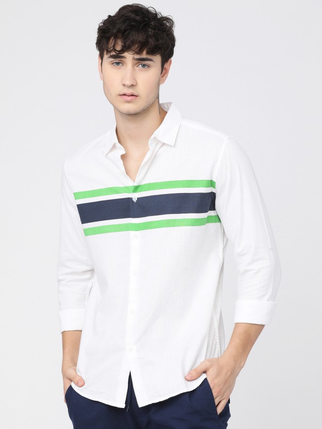 Buy Ketch White & Green Slim Fit Colourblocked Casual Shirt for Men ...