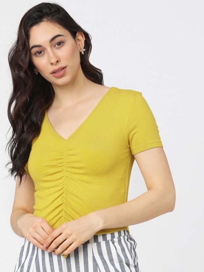 Tokyo Talkies Women Yellow Solid Fitted Tops 