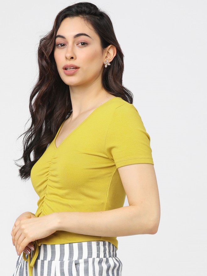 Tokyo Talkies Women Yellow Solid Fitted Tops 