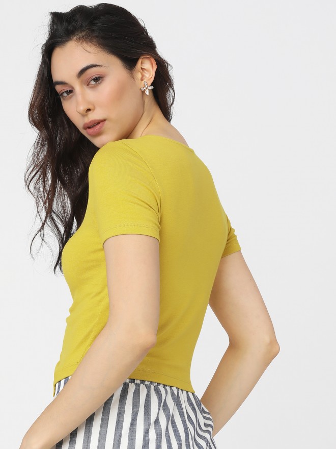 Tokyo Talkies Women Yellow Solid Fitted Tops 