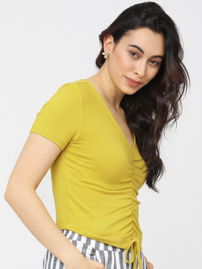 Tokyo Talkies Women Yellow Solid Fitted Tops 