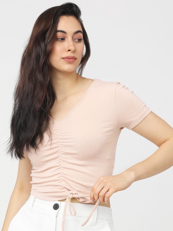 Tokyo Talkies Women Pink Solid Fitted Tops 