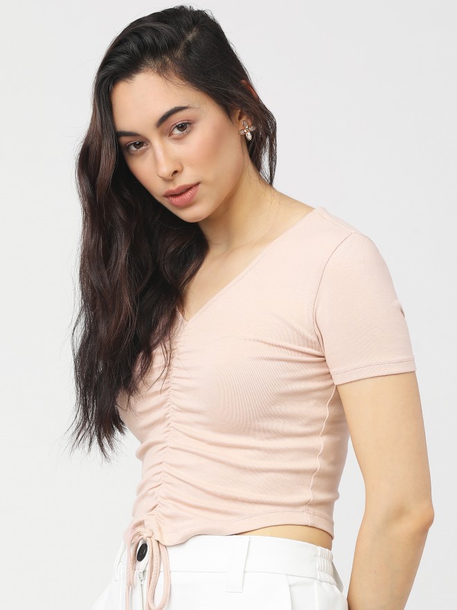 Tokyo Talkies Women Pink Solid Fitted Tops 