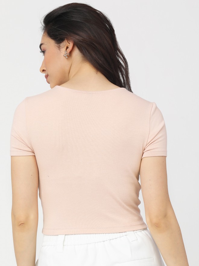 Tokyo Talkies Women Pink Solid Fitted Tops 