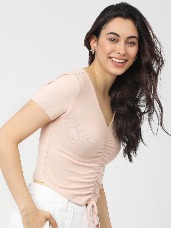 Tokyo Talkies Women Pink Solid Fitted Tops 