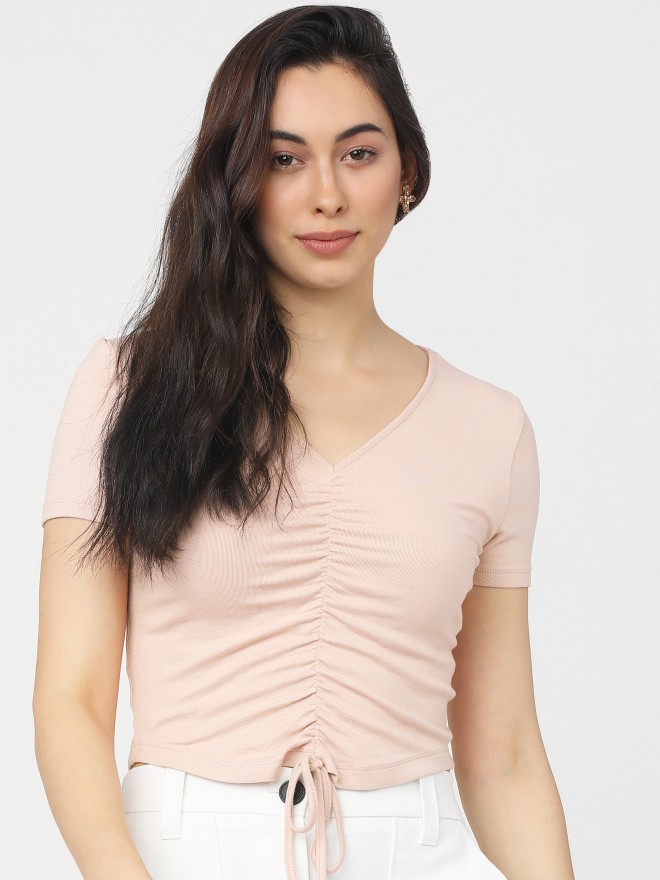 Tokyo Talkies Women Pink Solid Fitted Tops 