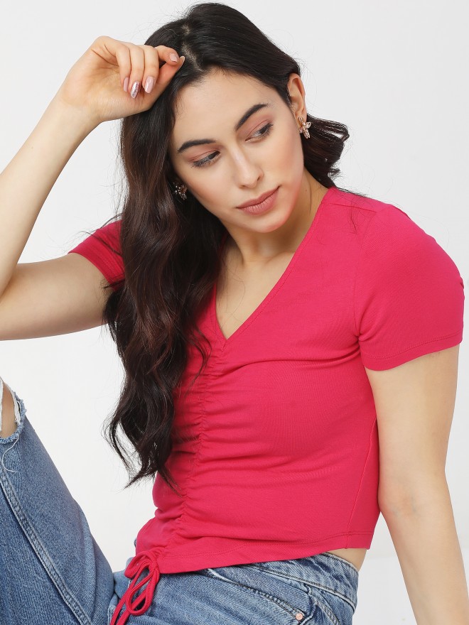 Tokyo Talkies Women Pink Solid Fitted Tops 