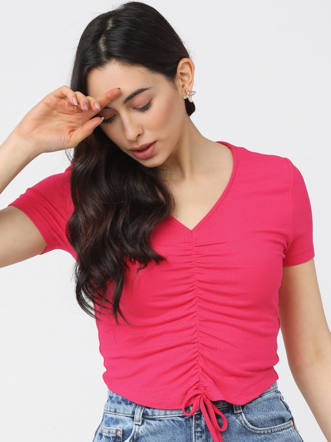 Tokyo Talkies Women Pink Solid Fitted Tops 