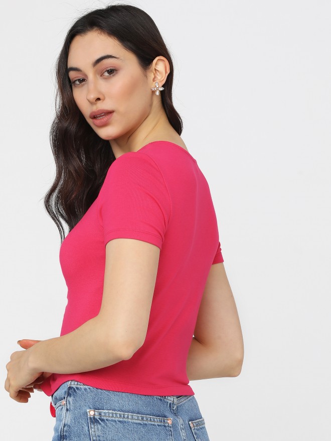 Tokyo Talkies Women Pink Solid Fitted Tops 