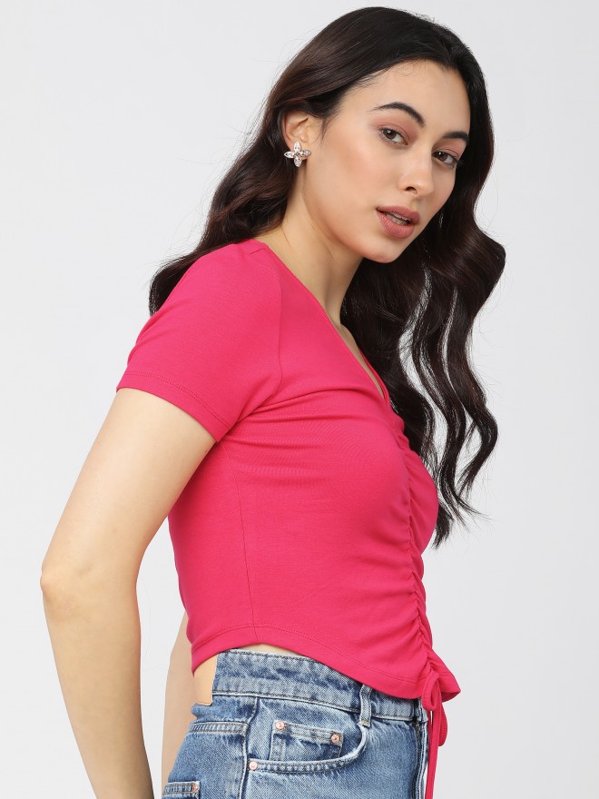 Tokyo Talkies Women Pink Solid Fitted Tops 