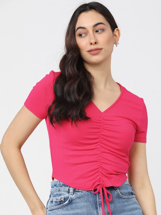 Tokyo Talkies Women Pink Solid Fitted Tops 