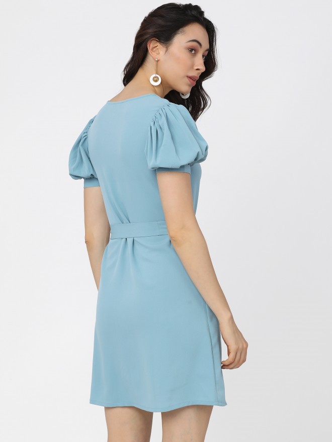 Buy Tokyo Talkies Blue Solid Asymmetric Wrap Dress for Women Online at ...