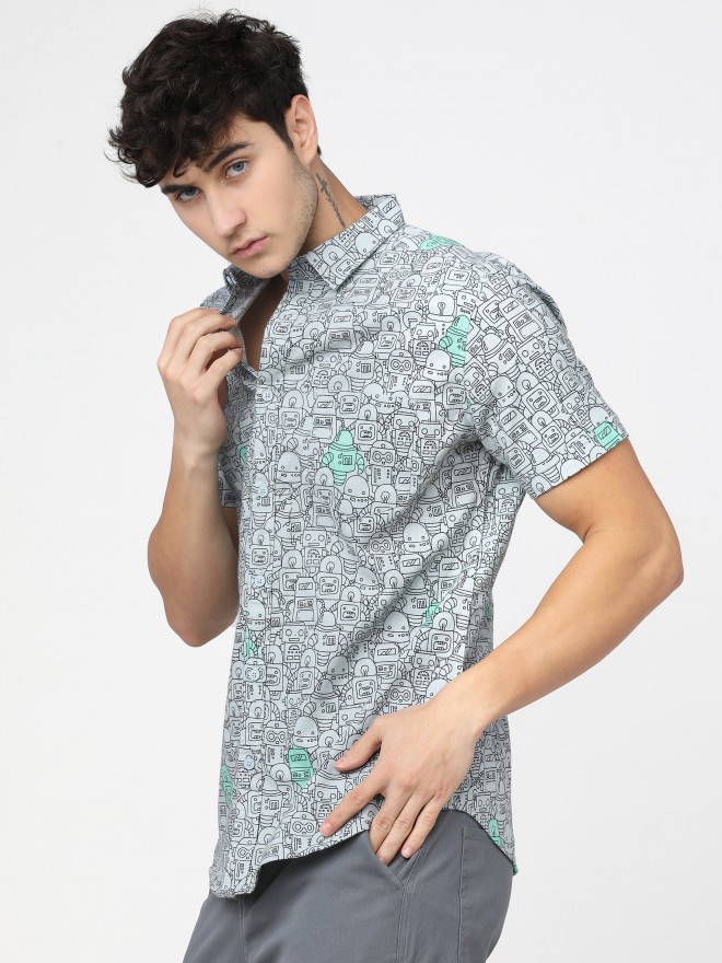 Ketch Men Grey Printed Slim Fit Casual Shirts 