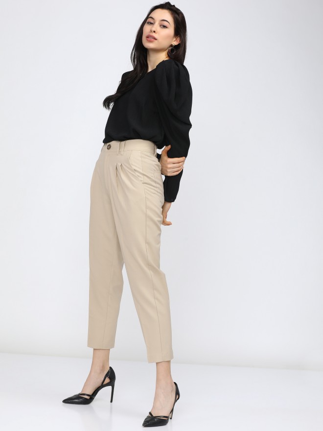 Buy HM Women Beige Solid Paper Bag Trousers online  Looksgudin