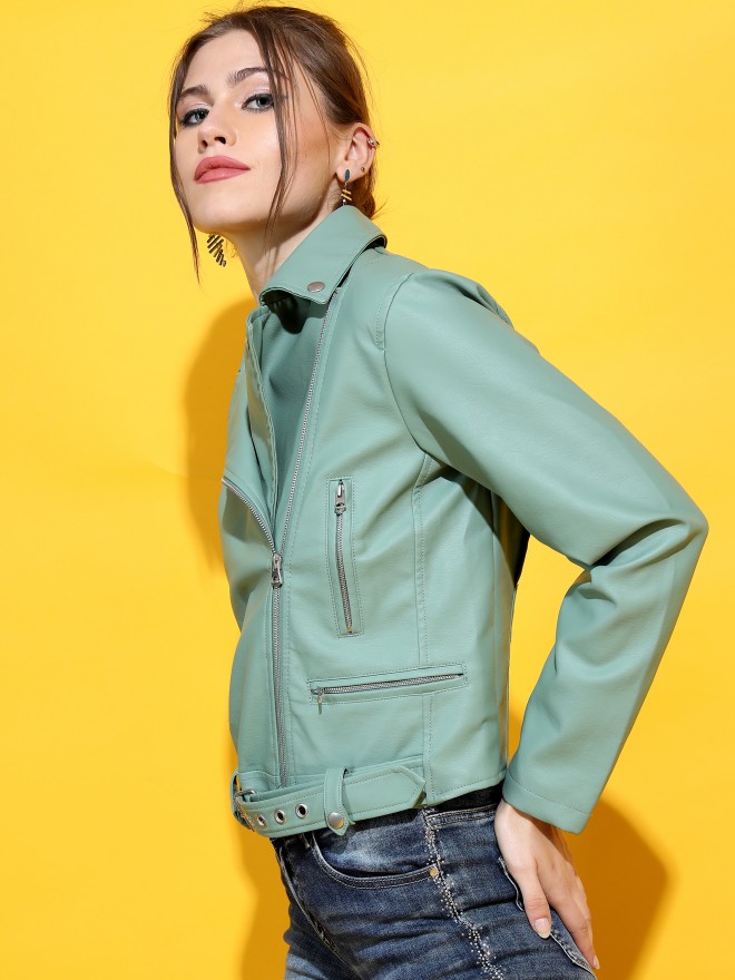 Men's Jay Biker Jacket Olive With Full Olive Fox Collar – LeatherKloset