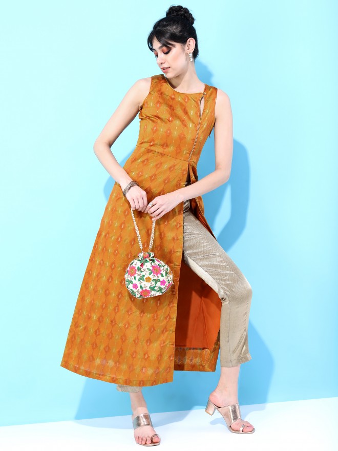 Vishudh Women Mustard Printed A-Line Kurtas 