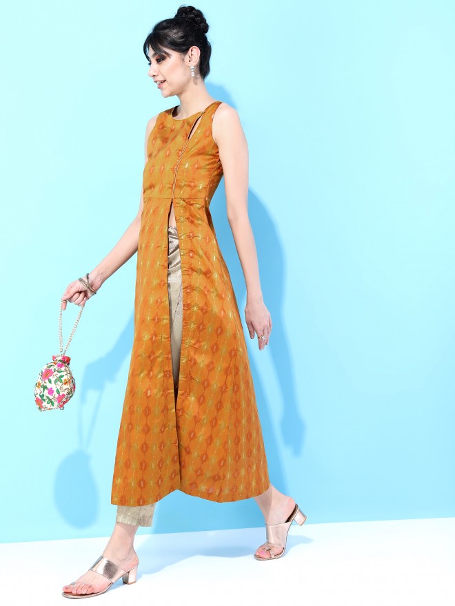 Vishudh Women Mustard Printed A-Line Kurtas 