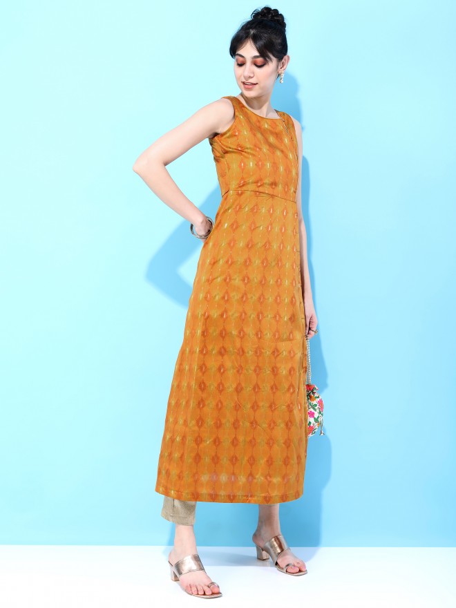 Vishudh Women Mustard Printed A-Line Kurtas 