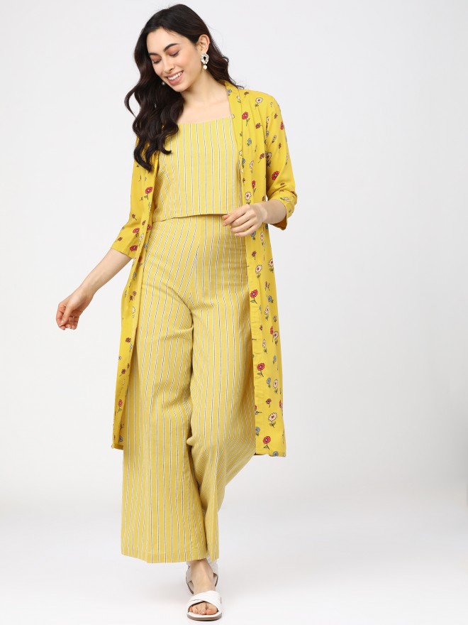 yellow colour floral print anarkali kurti for women and girls | show  buttons in front pannel