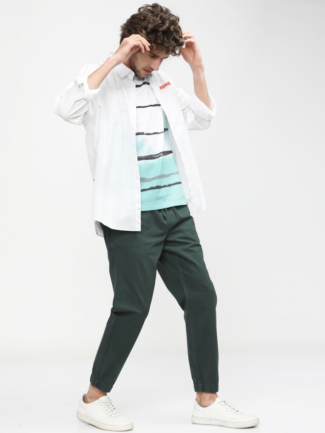 Solid Color Cotton Slub Trouser in Dark Teal Green  TJA1711