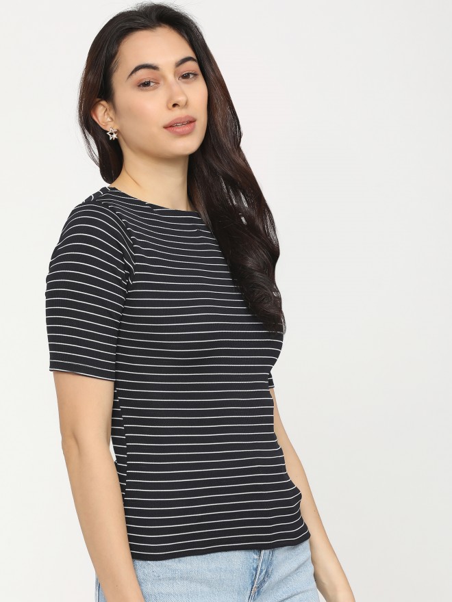 Buy Tokyo Talkies Navy Blue White Striped Knited Top For Women Online