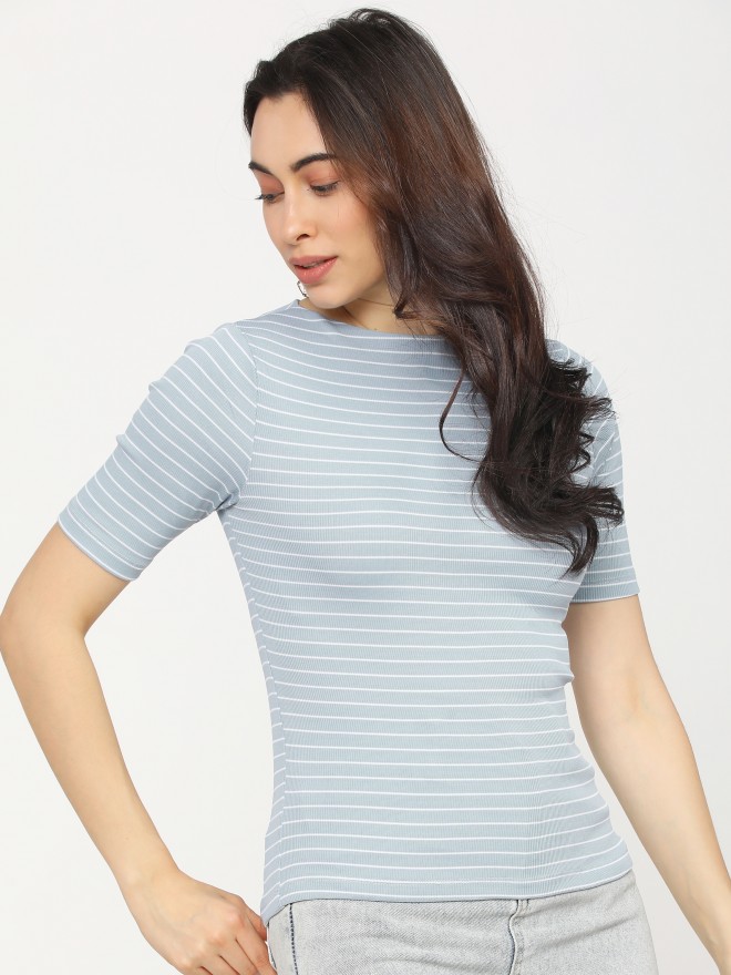 Buy Tokyo Talkies Blue/White Striped Knited Top for Women Online at Rs ...