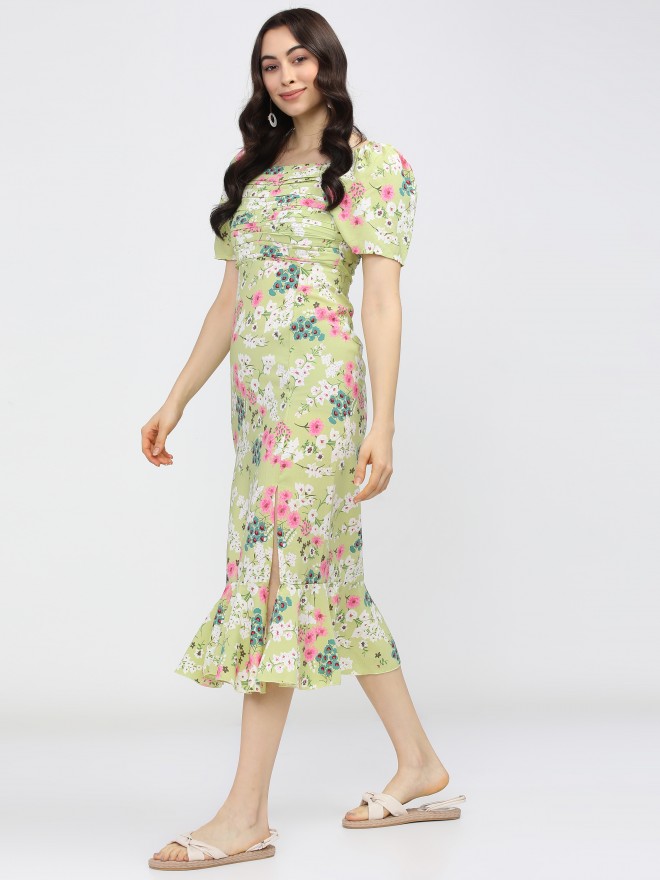 Buy Tokyo Talkies Green Printed Fit & Flare Dress for Women Online at ...