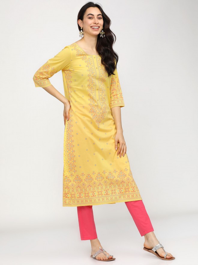 Vishudh Women Yellow Printed Straight Kurtas 