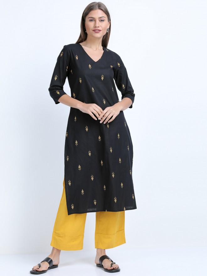 Buy Vishudh Black/Yellow Ethnic Motifs Printed Straight Kurta for Women ...